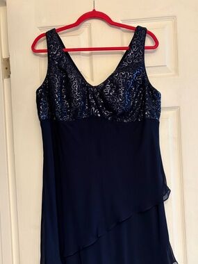 Navy Sequin Bodice Chiffon Overlay Dress